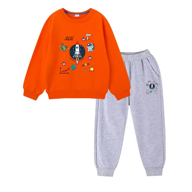 Kids Casual Round Neck Space Printed Sweatshirt And Jogger Pants Set