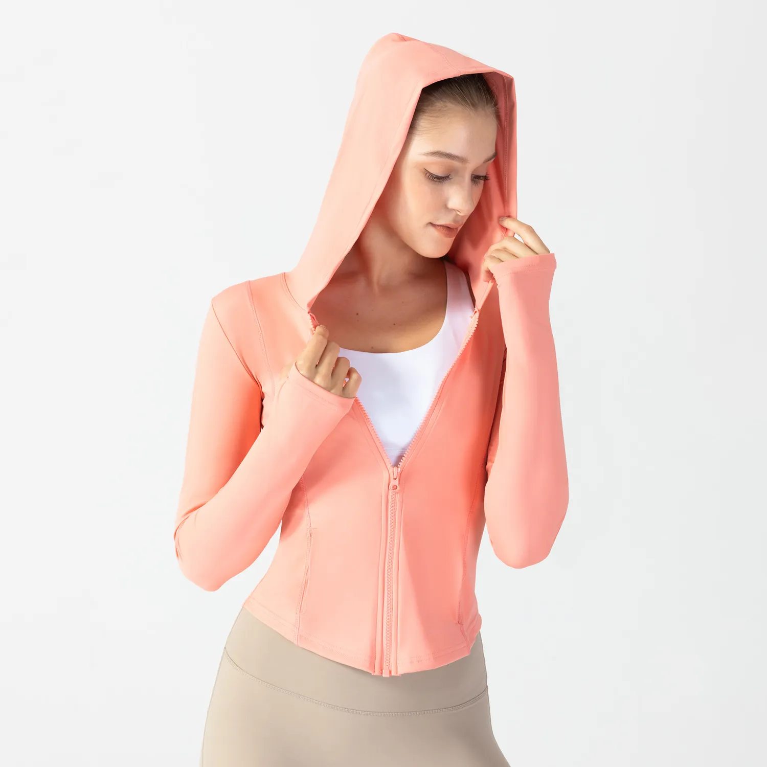 Women'S Slim Fit Hooded Windproof Pocket Yoga Fitness Casual Running Cardigan Sport Zipper Jacket