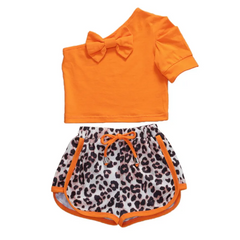 2pcs/Set Girl One-Shoulder Short Sleeve Leopard Shorts Set