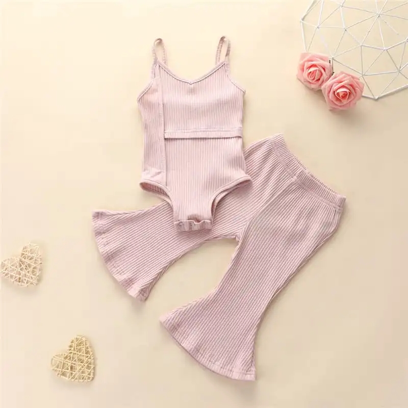 Girls Solid Color Strap Romper And Bell-Bottom Pants Set