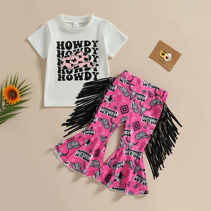 Kids Toddler Girls Casual Cute Cartoon Letters Print Short Sleeve Round Neck T-Shirt Flare Trousers Set