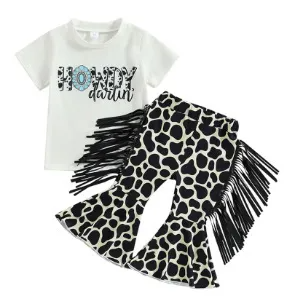 Kids Toddler Girls Casual Cute Cartoon Letters Print Short Sleeve Round Neck T-Shirt Flare Trousers Set