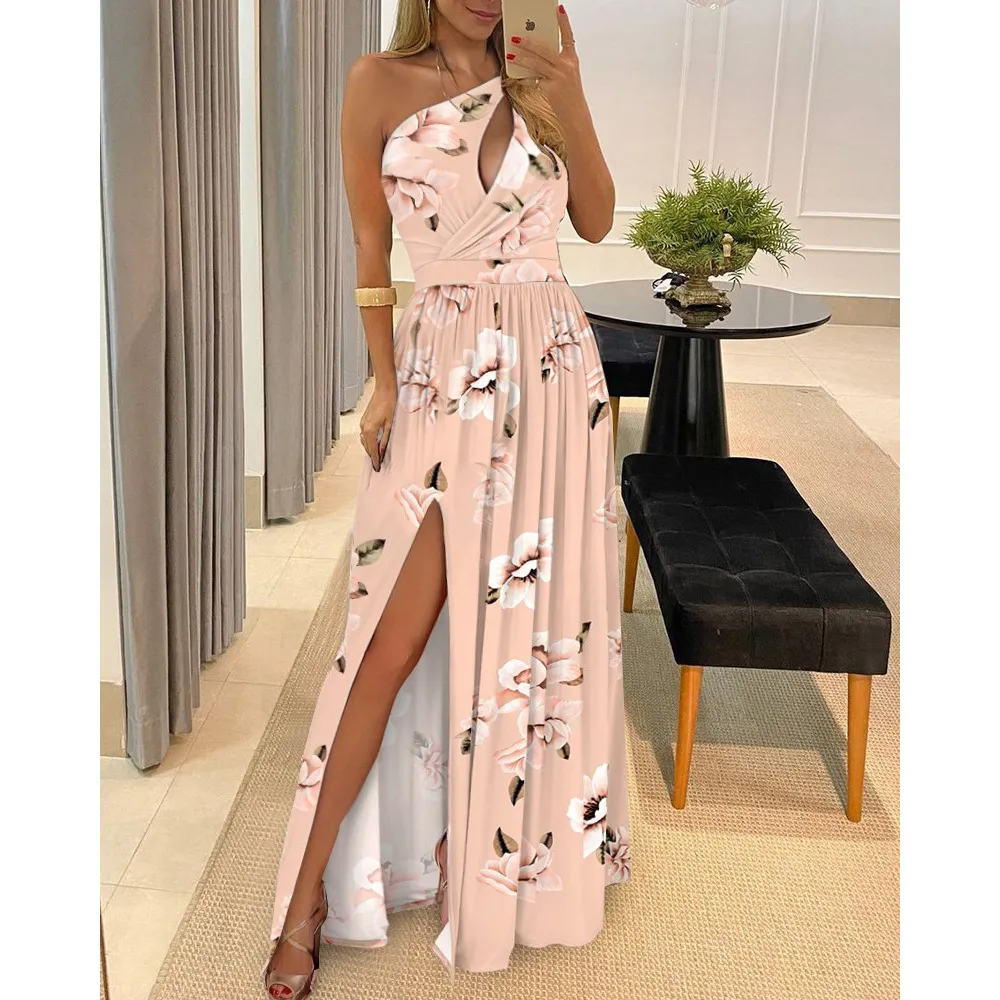 Women Fashion Sexy Oblique Shoulder Hollow-Out Maxi Dress