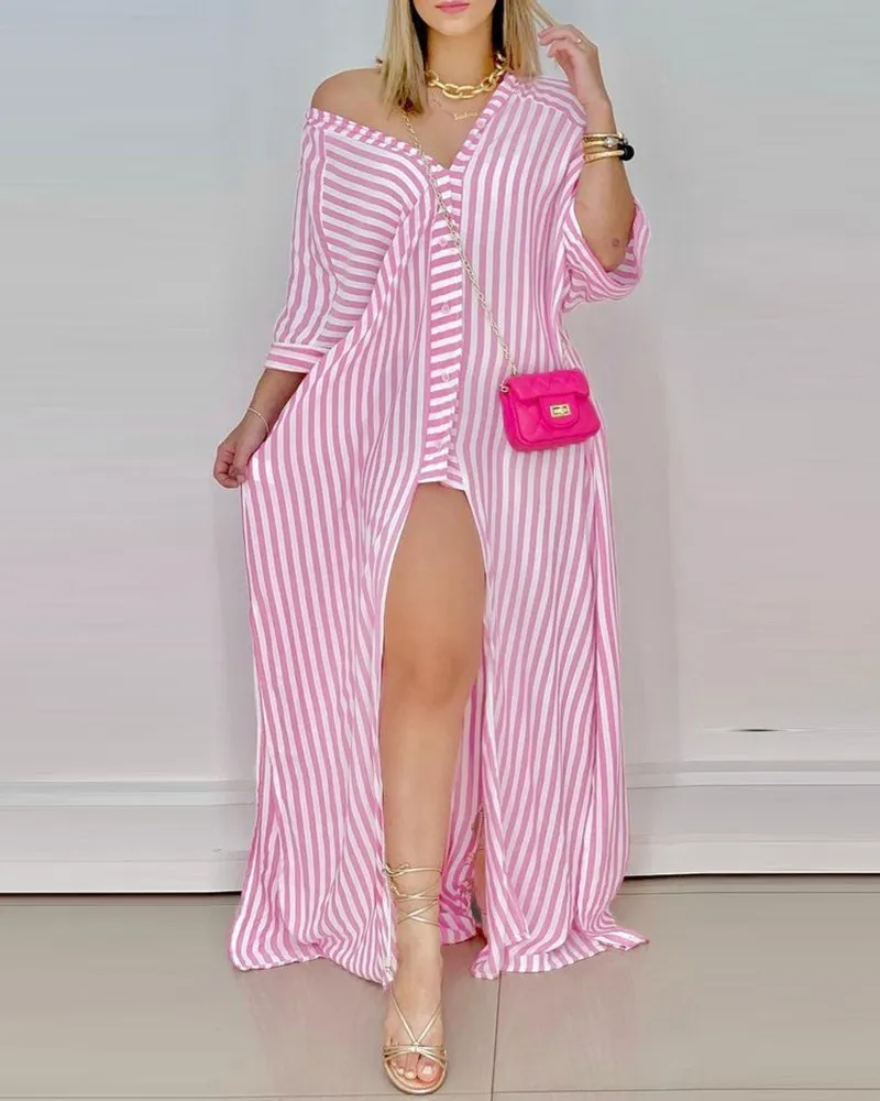 Women Fashion Sexy V-Neck Stripe Long Sleeve Shirt Dress