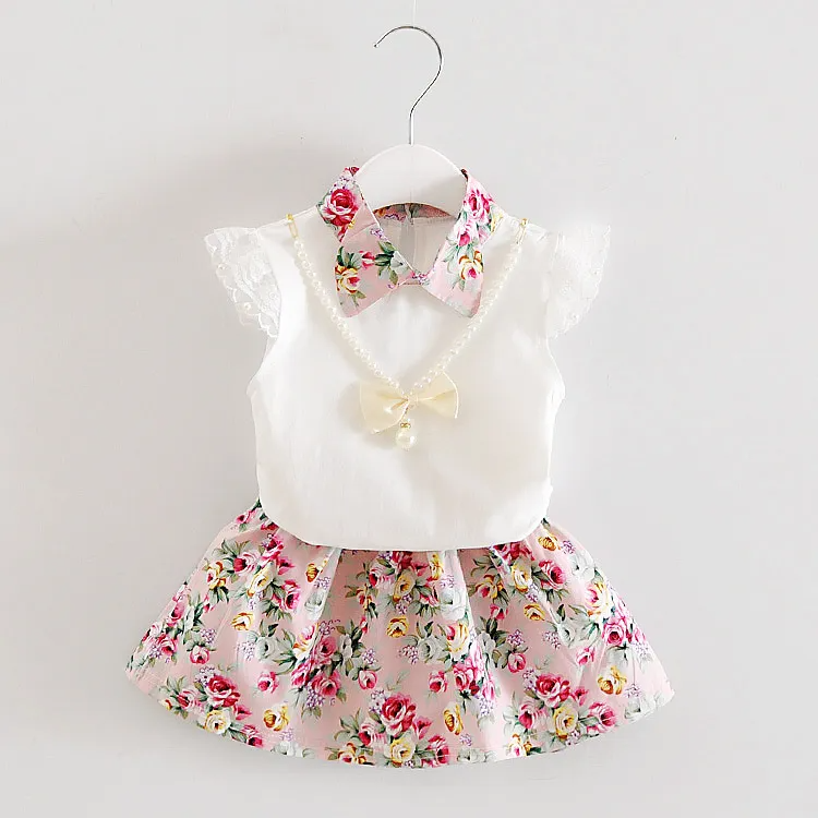 Children Kids Baby Fashion Girls Casual Basic Short Sleeve Flower T-Shirt And Skirt 2pcs Set