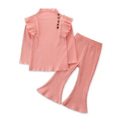 Girls Stringy Selvedge Design Long-Sleeves Tops And Pants Set