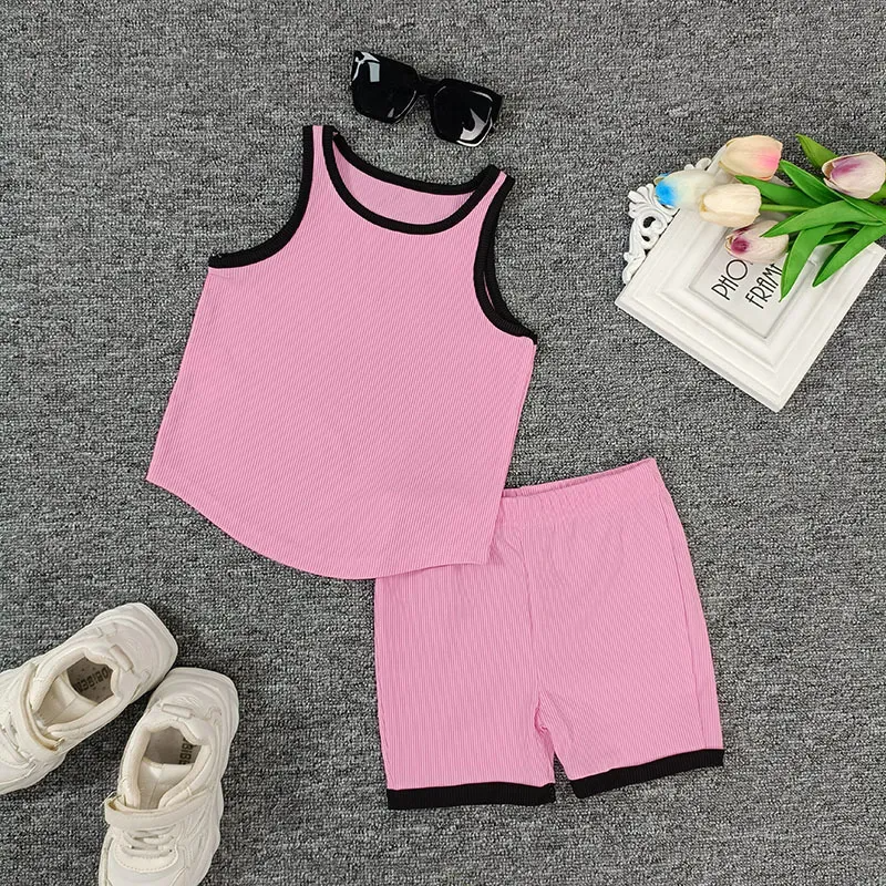 Children Kids Baby Fashion Girls Solid Color Vest And Shorts 2pcs Set