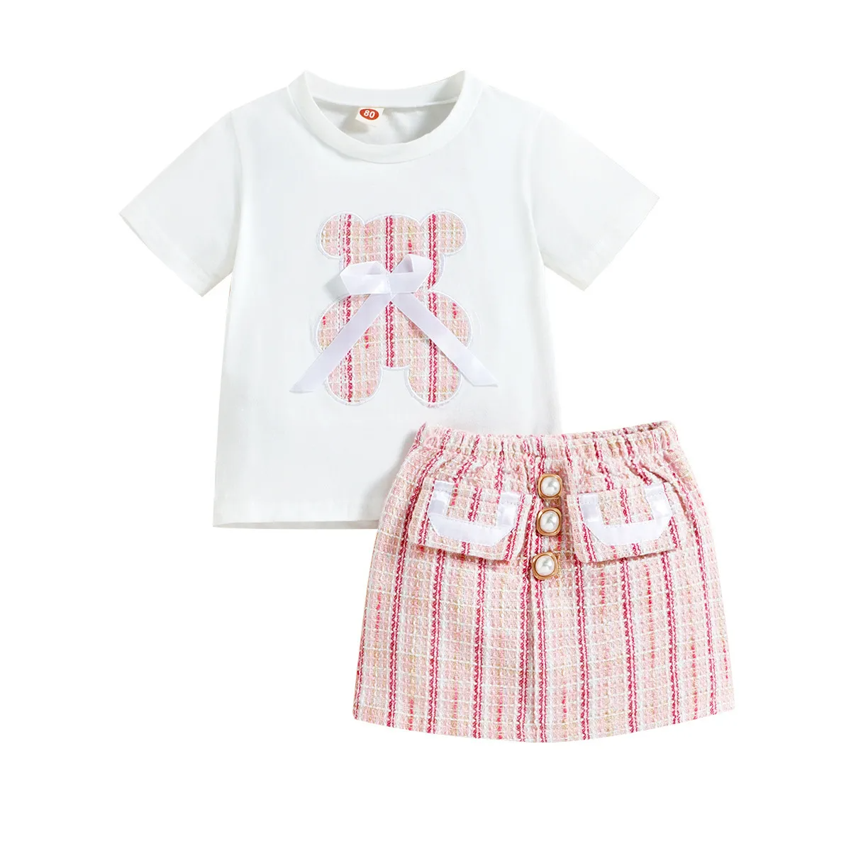 Kids Toddler Girls Summer Casual Cute Bow Cartoon Bear Pattern Short Sleeve Round Neck T-Shirt Stripe Skirt Sets