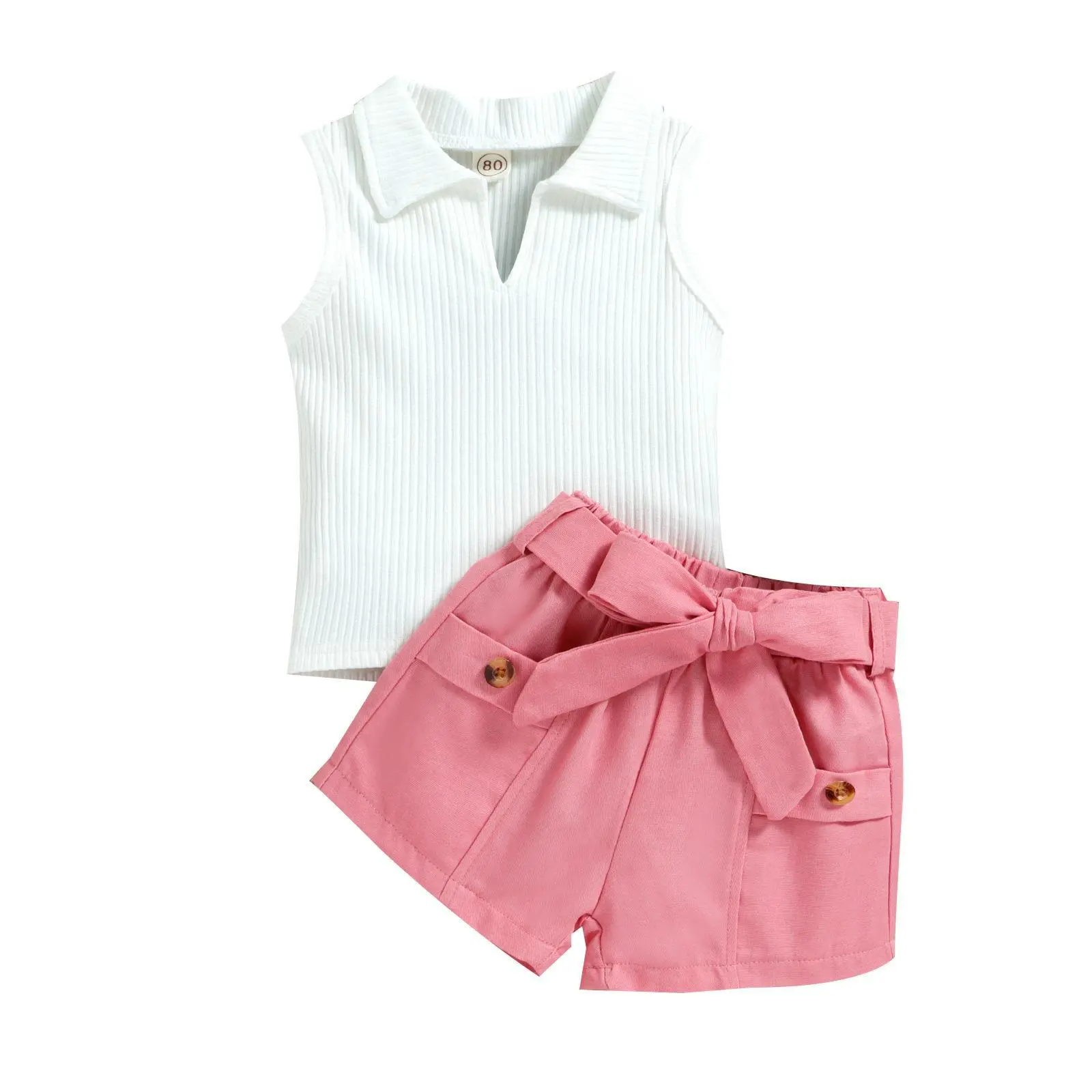 Kids Toddler Girls Casual Cute Solid Color Stripe Sleeveless Lapel T-Shirt Shorts Set