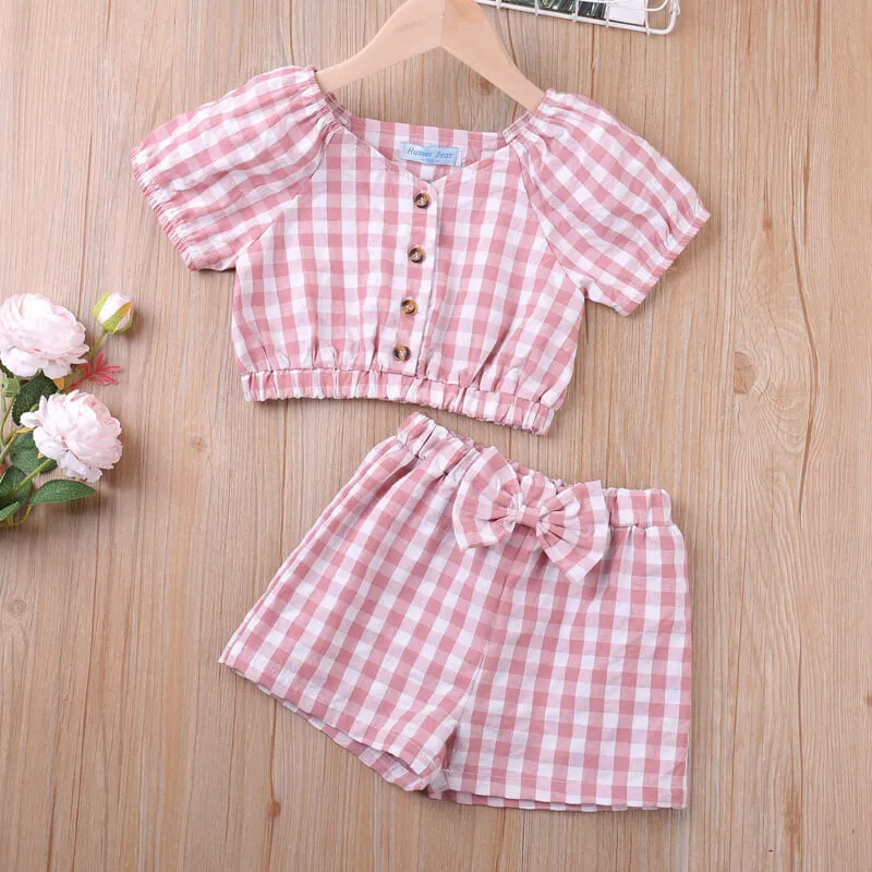 Girls Fashion Plaid Tops And Bow Decor Shorts Set