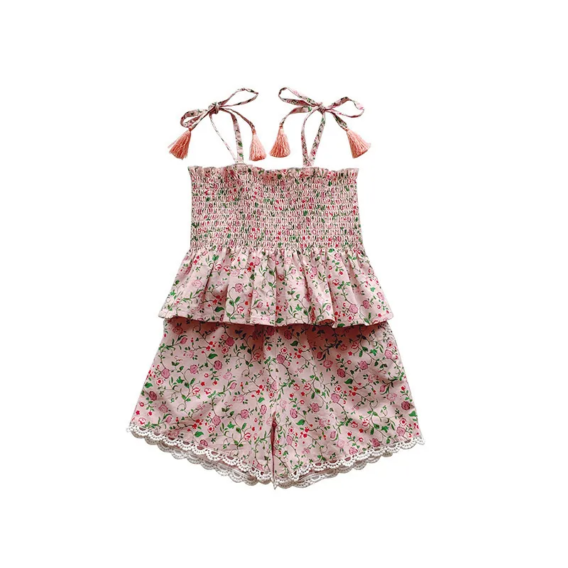 Children Kids Baby Fashion Girls Sleeveless Flower Print Suspenders Tops And Loose Shorts 2pcs Set