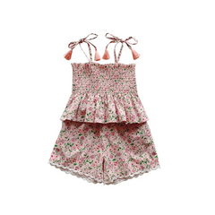 Children Kids Baby Fashion Girls Sleeveless Flower Print Suspenders Tops And Loose Shorts 2pcs Set