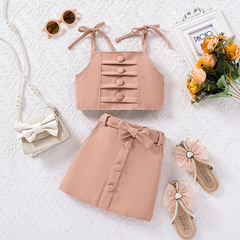 Children Kids Baby Fashion Girls Solid Color Lace-Up Suspender Top And Shorts 2pcs Set