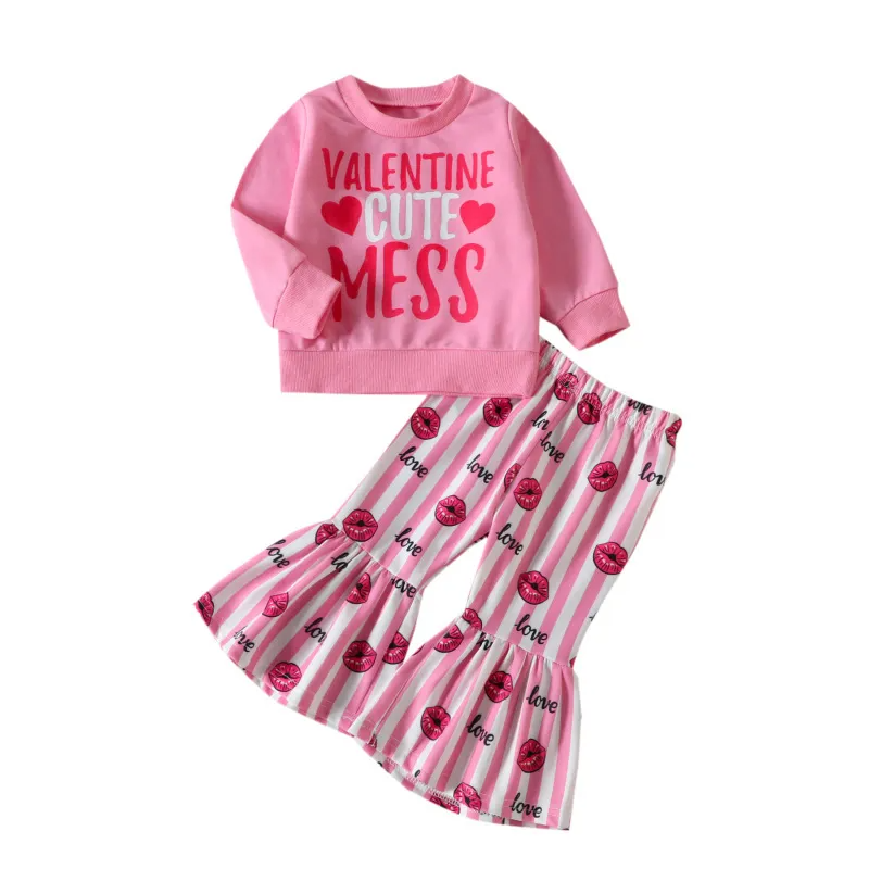 Kids Toddler Girls Casual Cute Sweet Letters Heart Print Long Sleeve Round Neck Sweatshirts Flare Trousers Set