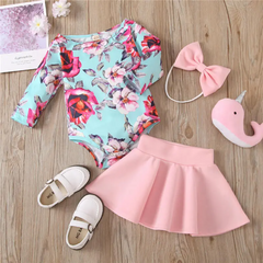 Flower Printing Long Sleeve Rompers And Solid Color Skirt With Headband Set