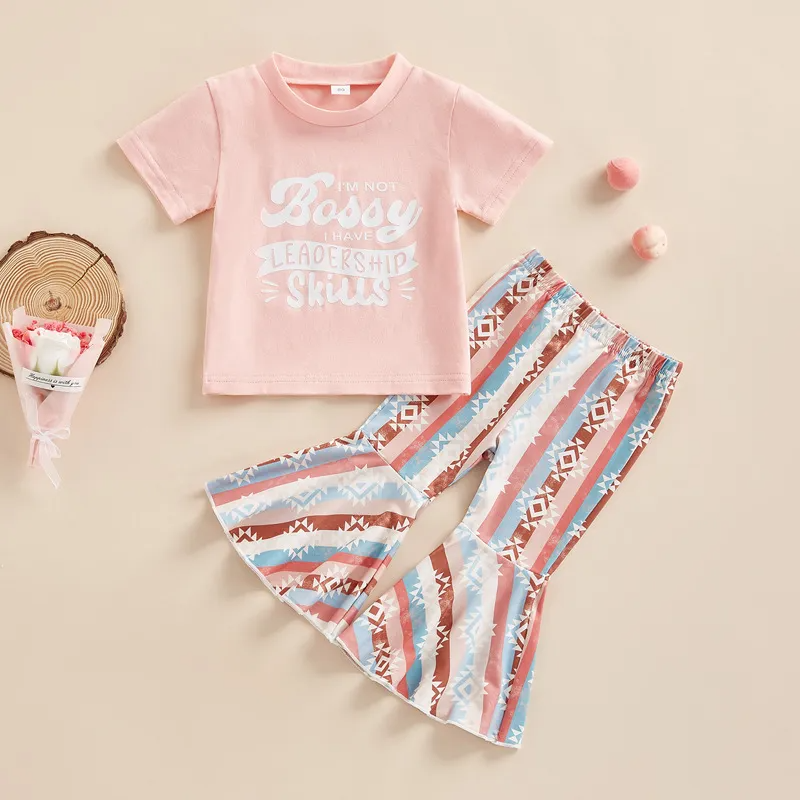 Kids Toddler Girls Casual Cute Letter Print Short Sleeve Round Neck T-Shirt Flare Trousers Set