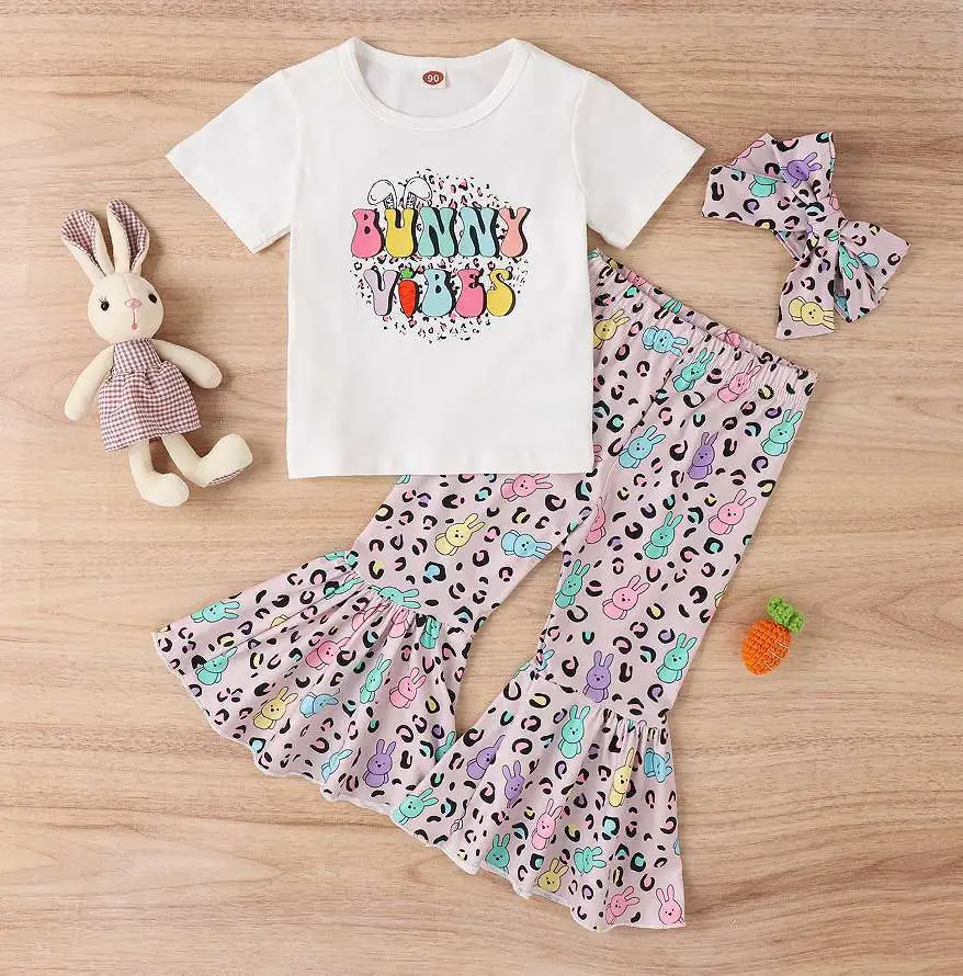 Kids Toddler Girls Casual Cute Easter Alphabet Cartoon Rabbit Print Short Sleeve Round Neck T-Shirt Flare Trousers Set