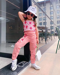 Kids Toddler Big Girls Summer Fashion Casual Cute Color Matching Playd Smiley Face Vest Trousers Set