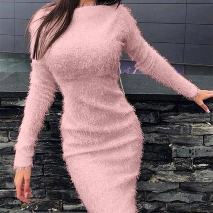 Winter Women Fashion Solid Color Plush Bodycon Dress