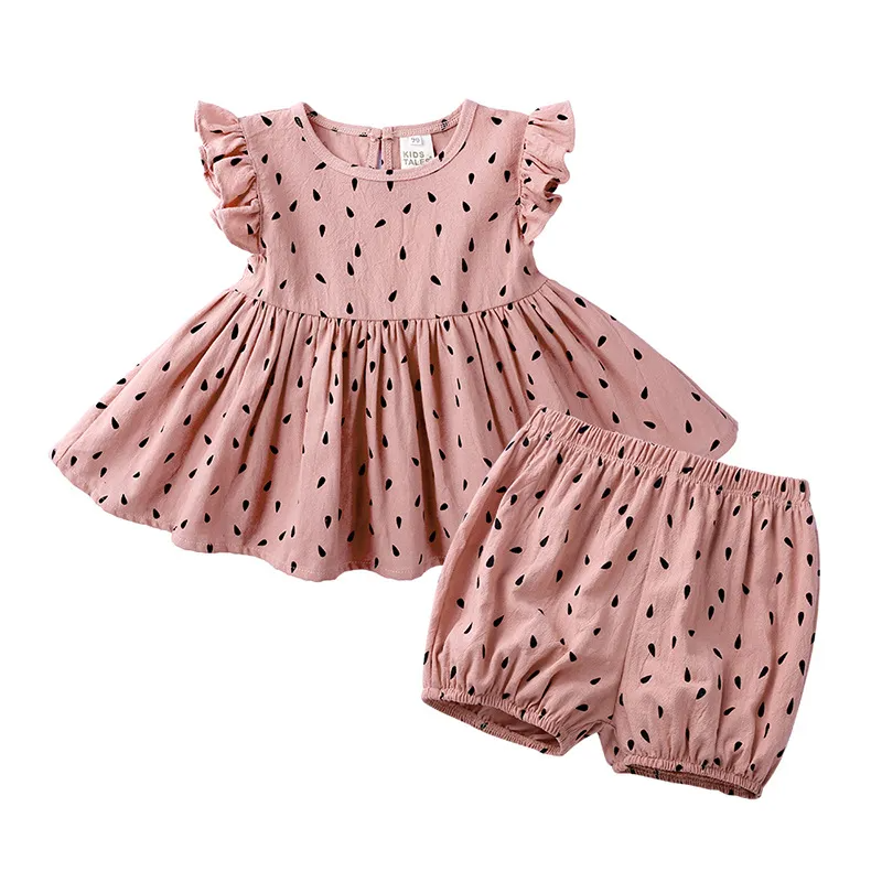 Children Kids Baby Fashion Girls Casual Basic Ruffle Sleeve Print T-Shirt And Shorts 2pcs Set