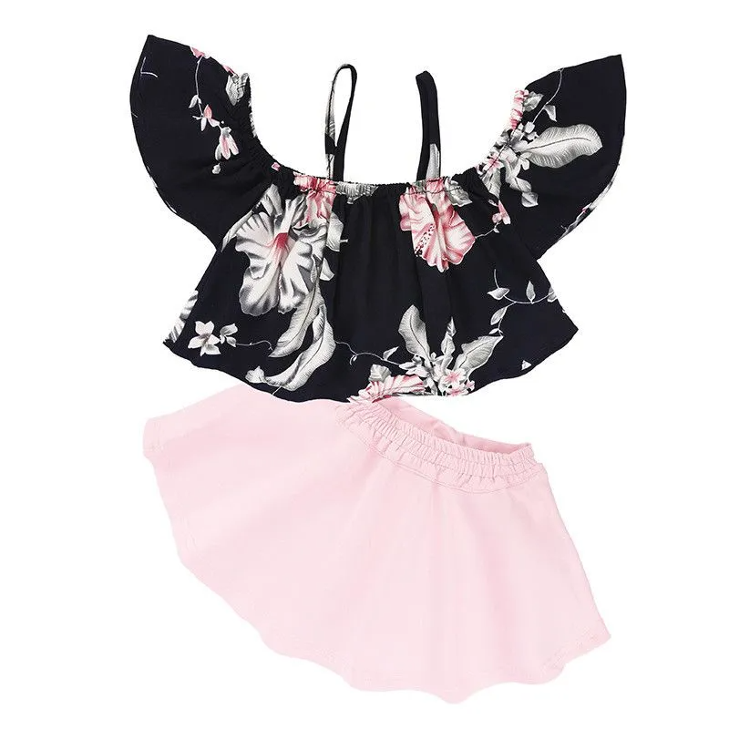 2 Pcs Cute Girl Floral Print Tops And Pink Skirts Set