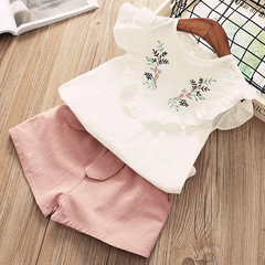 2 Pcs Girls Fresh Flower Design Tops+Shorts Set