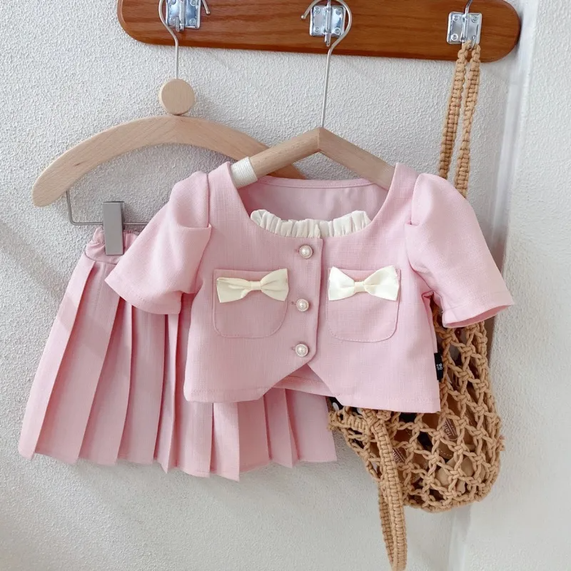 Children Kids Baby Fashion Girls Short Sleeve Bow Button Top And Pleated Skirt 2pcs Set