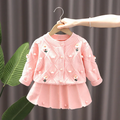 Kids Toddler Girls Autumn Winter Fashion Casual Simple Solid Color Flower Button Round Neck Sweater Pleated Skirt Set