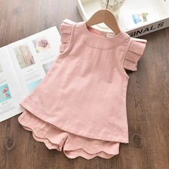 Girls Fashion Solid Color Sleeveless Ruffled Tops And Shorts Set