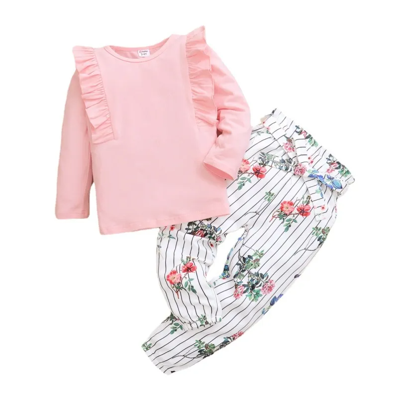 Children Kids Toddlers Fashion Girls Long Sleeve Solid Color Top And Flower Print Pants 2pcs Set