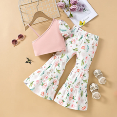 Children Kids Baby Fashion Girls Butterfly Flower One-Shoulder Suspender Top And Flared Pants 2pcs Set