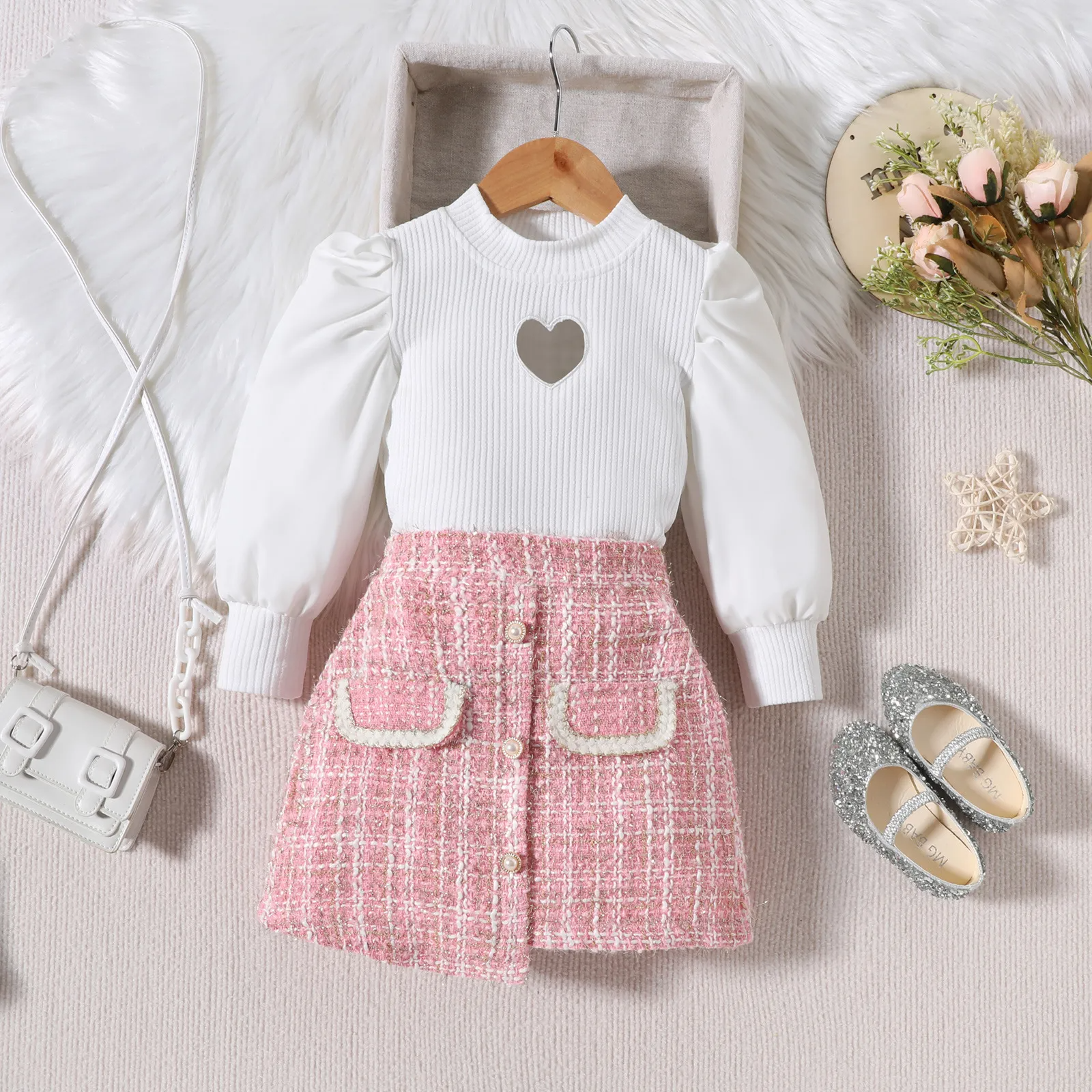 Kids Toddler Girls Autumn Fashion Casual Chic Stripe Heart Shaped Hollow Long Sleeve Sweater Played Skirt Sets