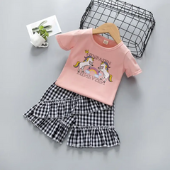 Girls Printing Short-Sleeves T-Shirt And Plaid Shorts Set