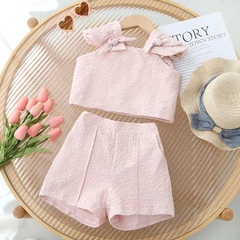 Children Kids Baby Fashion Girls Casual Short Sleeve Solid Color Bowknot Top And Shorts 2pcs Set