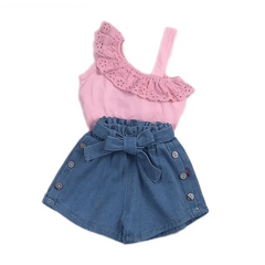 Children Kids Baby Fashion Girls Casual One Shoulder Strap Sleeveless Lace Top And Shorts 2pcs Set