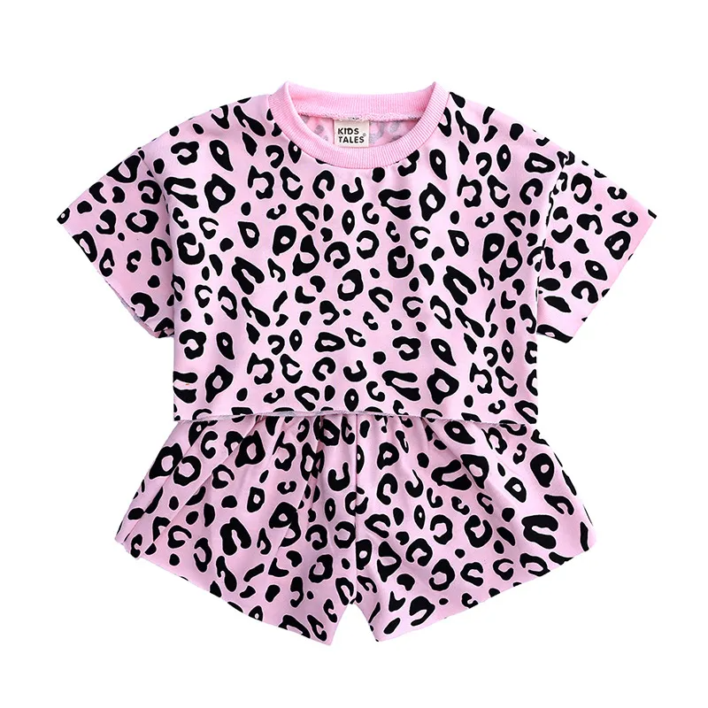 Children Kids Baby Fashion Girls Casual Basic Short Sleeve Leopard Print T-Shirt And Shorts 2pcs Set