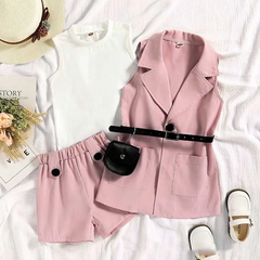 Kids Toddler Girls Fashion Casual Solid Color Vest Lapel Coat Shorts 3 Piece Set