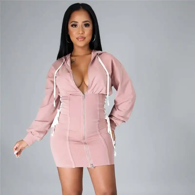 Women Fashion Hooded Lace-Up Zipper Dress