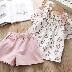 2 Pcs Girl Fresh Flower Print Tops And Shorts