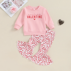 Kids Toddler Girls Valentine Cute Heart Print Long Sleeve Round Neck Sweatshirts Flare Trousers Set