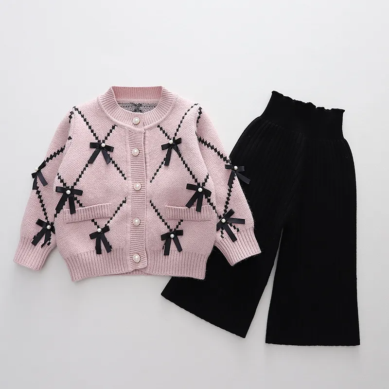 Kids Toddler Girls Autumn Winter Fashion Casual Simple Color Bow Button Round Neck Sweater Pants Set