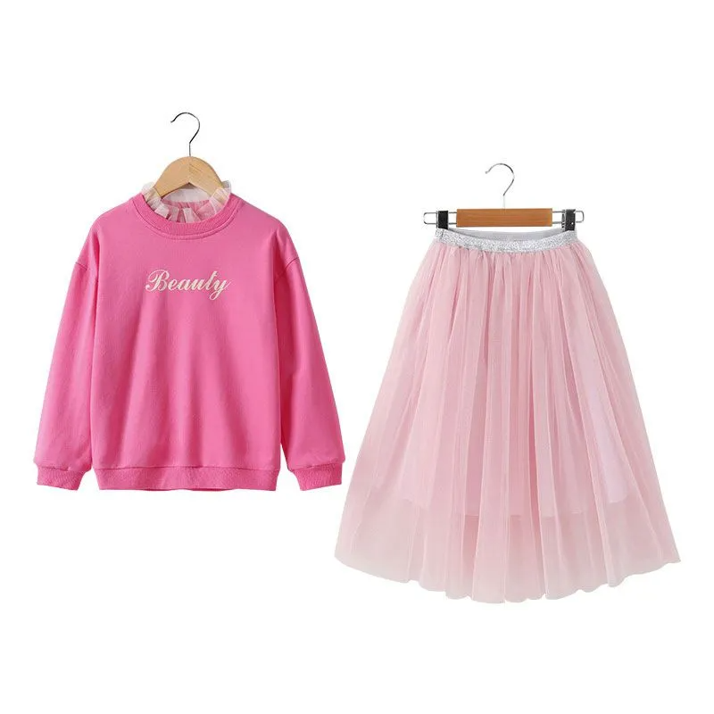 Cute Girl Simple Style Lace Patchwork Sweatshirts And Pink Tutu Skirts