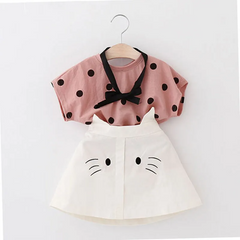 Girls Cute Polka Dot T-Shirt And Cat Pattern Skirt Set