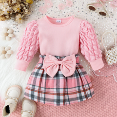 Kids Baby Toddler Girls Fashion Casual Cute Solid Color Bow Puff Sleeve Round Neck Top Skirt Set