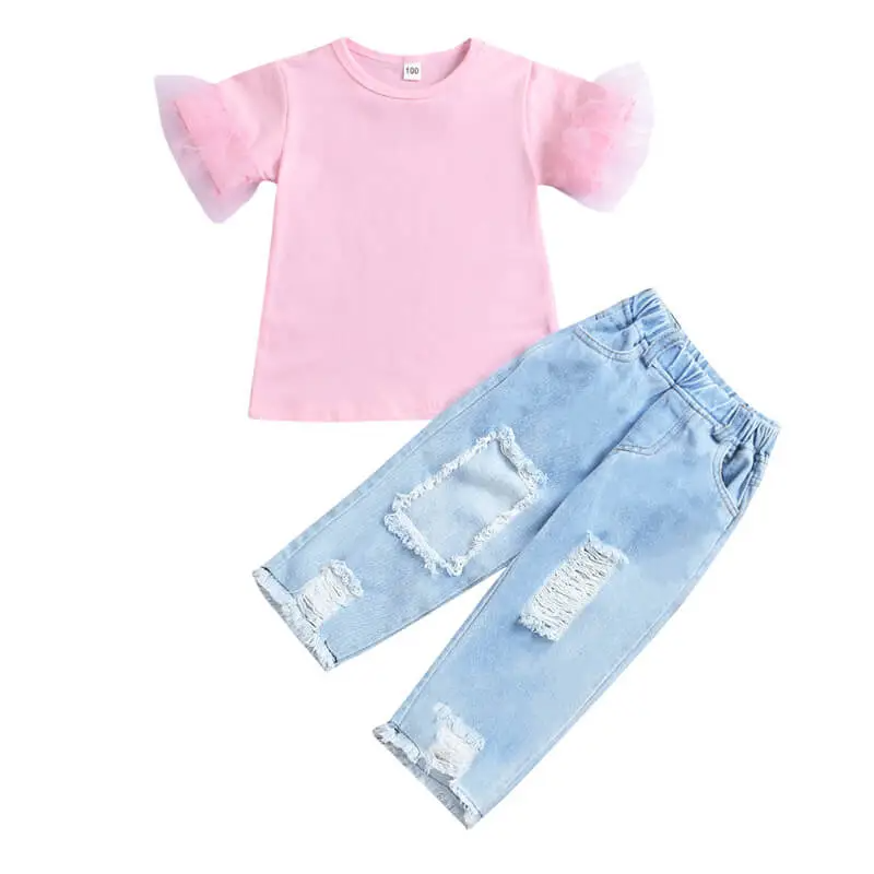 Girls Solid Color Short-Sleeves Mesh Spliced Tops And Jeans