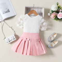 Kids Toddler Girls Fashion Casual Cute Solid Color Puff Sleeve Round Neck Top Skirt Set