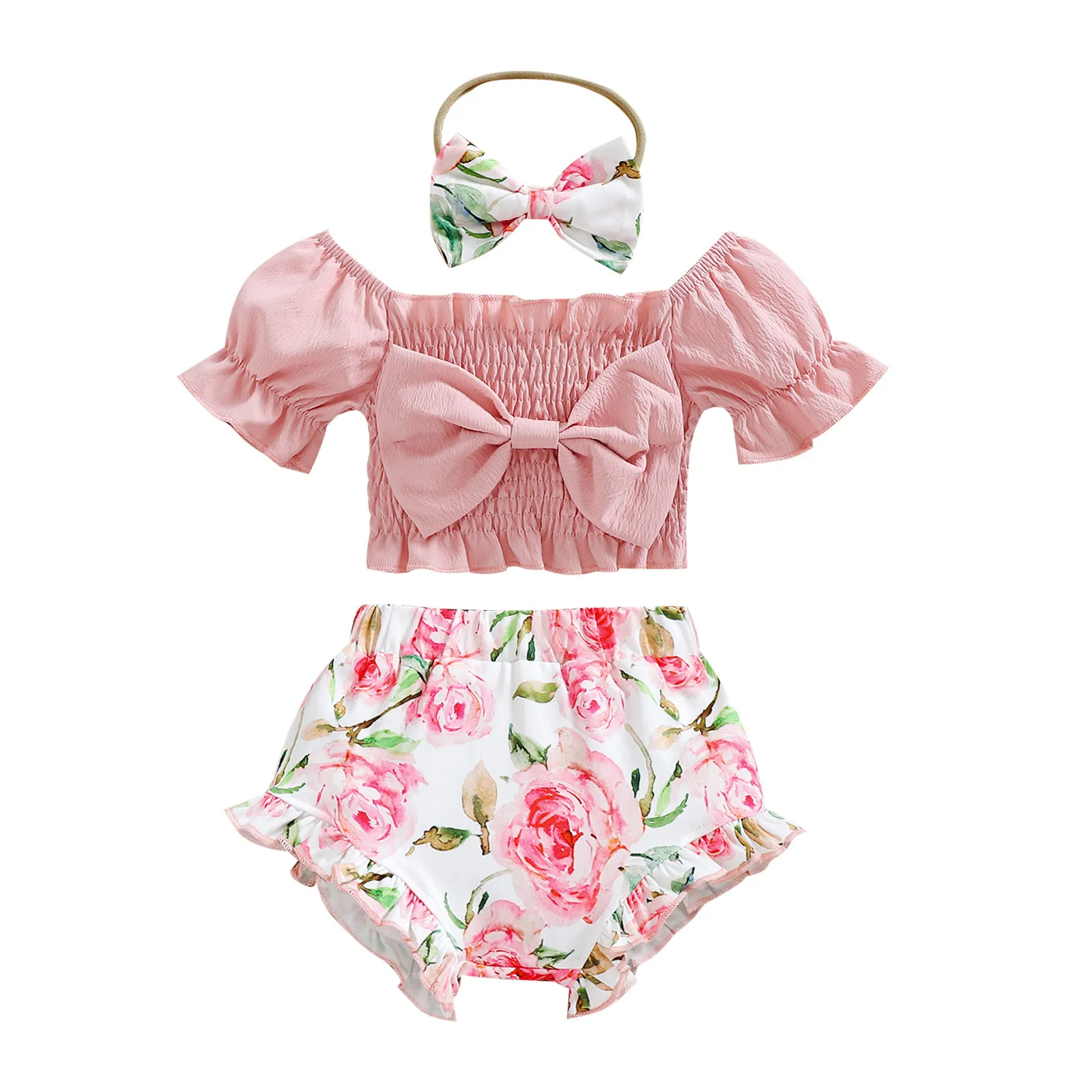 Kids Toddler Girls Casual Cute Solid Color Puff Sleeve Off Shoulder Top Floral Shorts Set