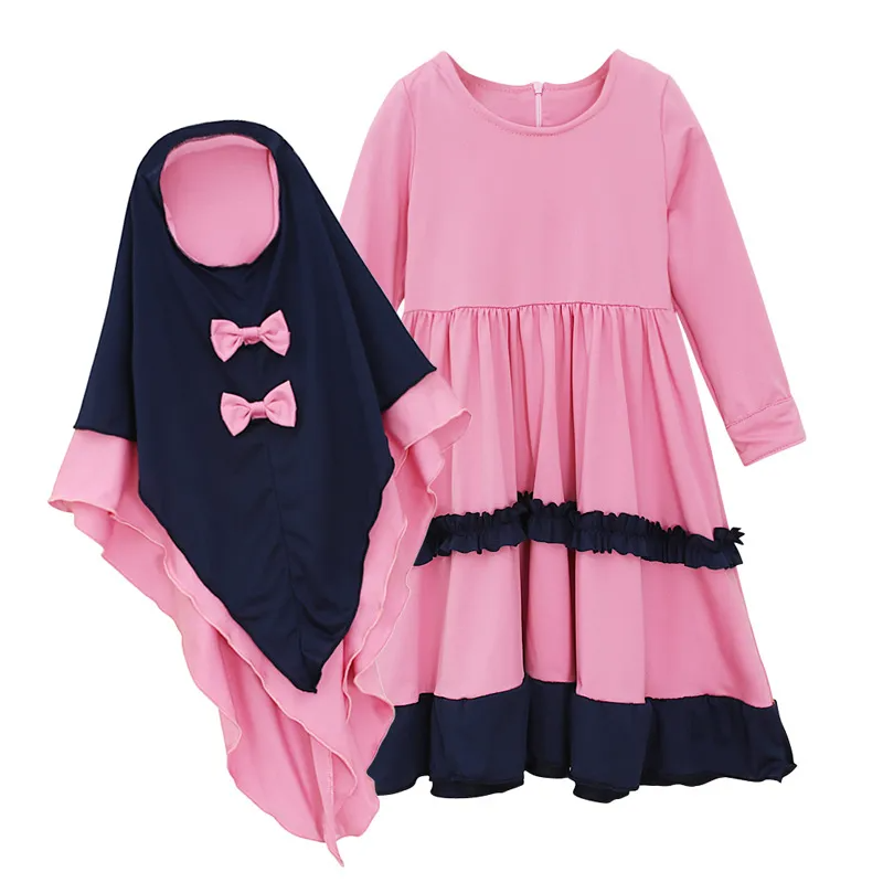 Children Kids Baby Fashion Girls Long-Sleeved Dress And Bowknot Headscarf Muslim 2pc Set