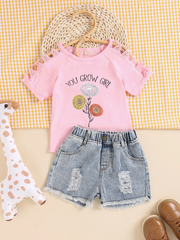 Children Kids Toddlers Fashion Girls Printed Hollow Lace T-Shirt Top And Ripped Denim Shorts 2pcs Set