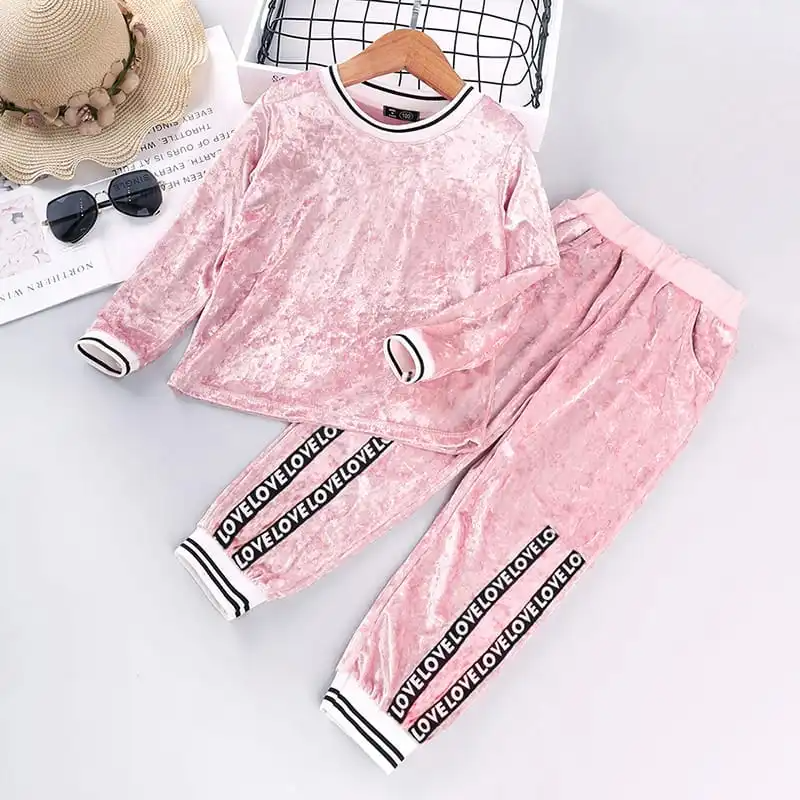 Girls Round Neck Tops And Letter Pattern Pants Pleuche Set